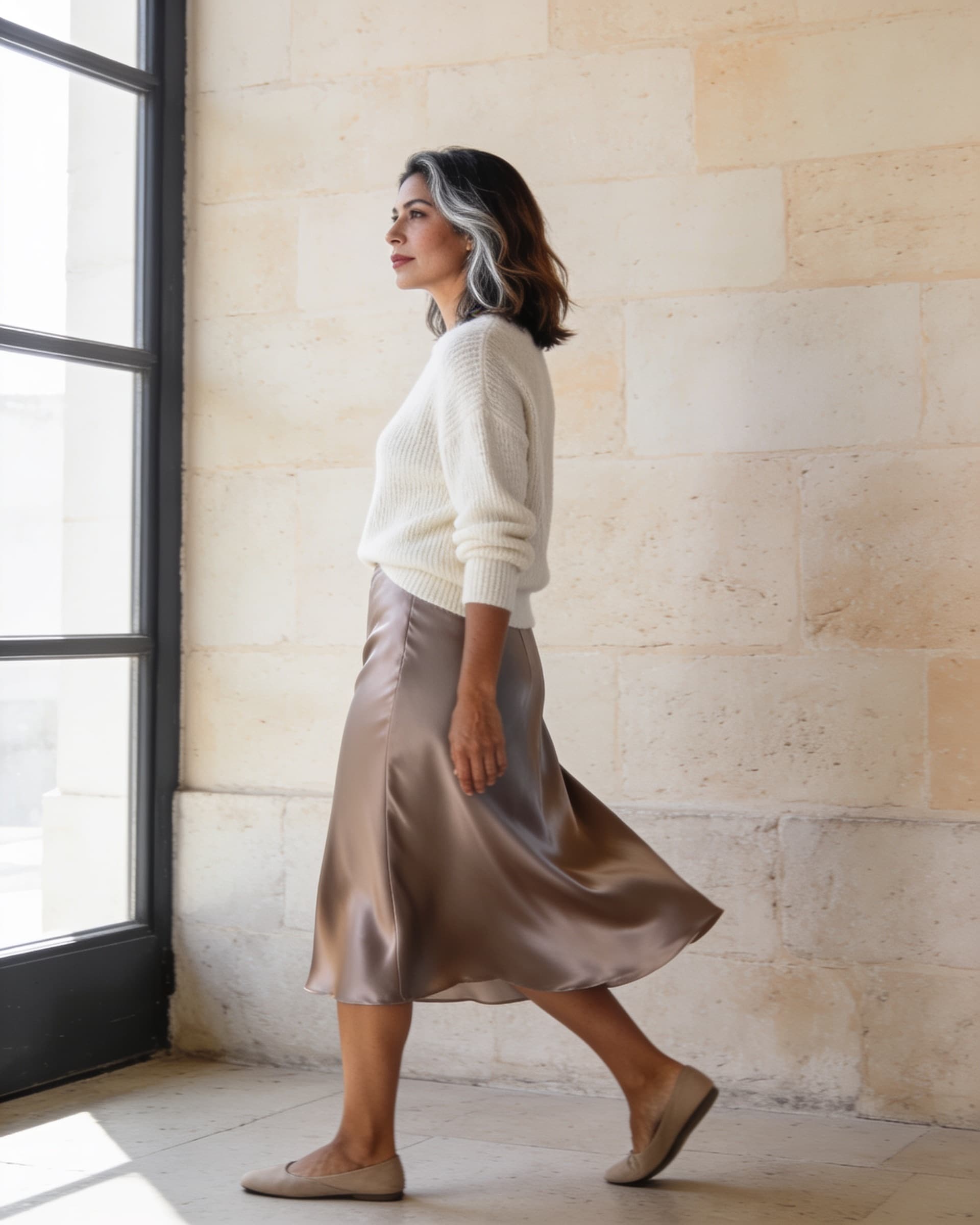Mujer caminando de perfil con falda midi de satín taupe y suéter ivory