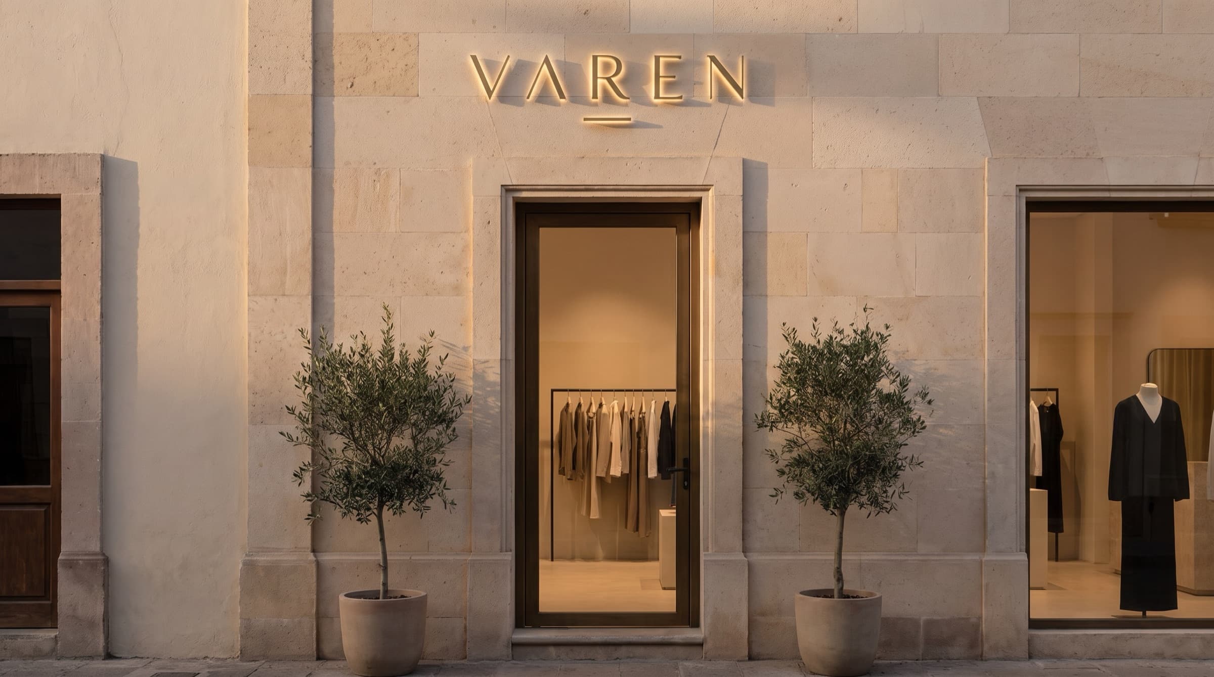 Fachada de cantera de la boutique VAREN con el letrero dorado, puerta de vidrio y olivos en macetas, luz cálida de tarde