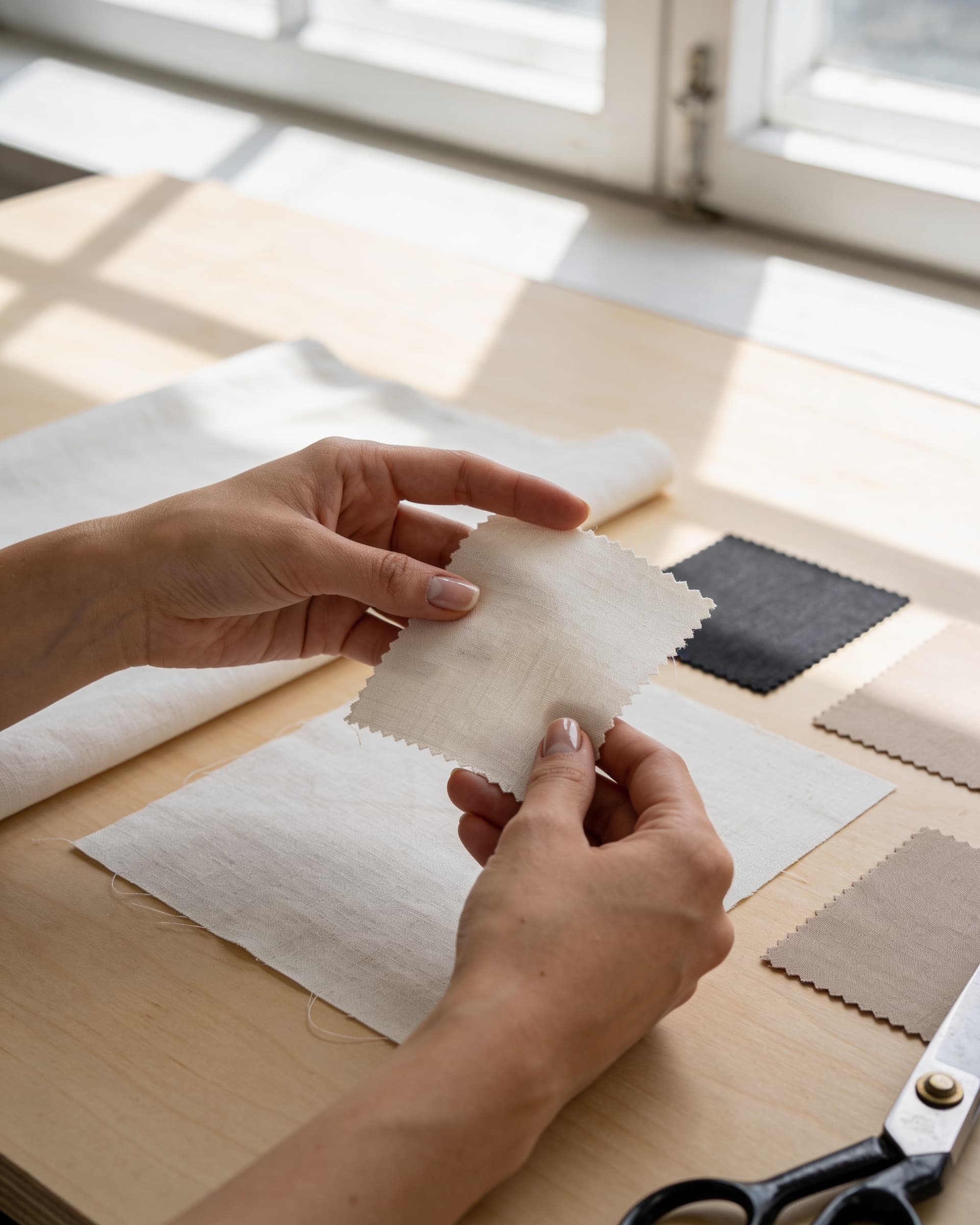 Manos revisando una muestra de lino sobre una mesa de trabajo
