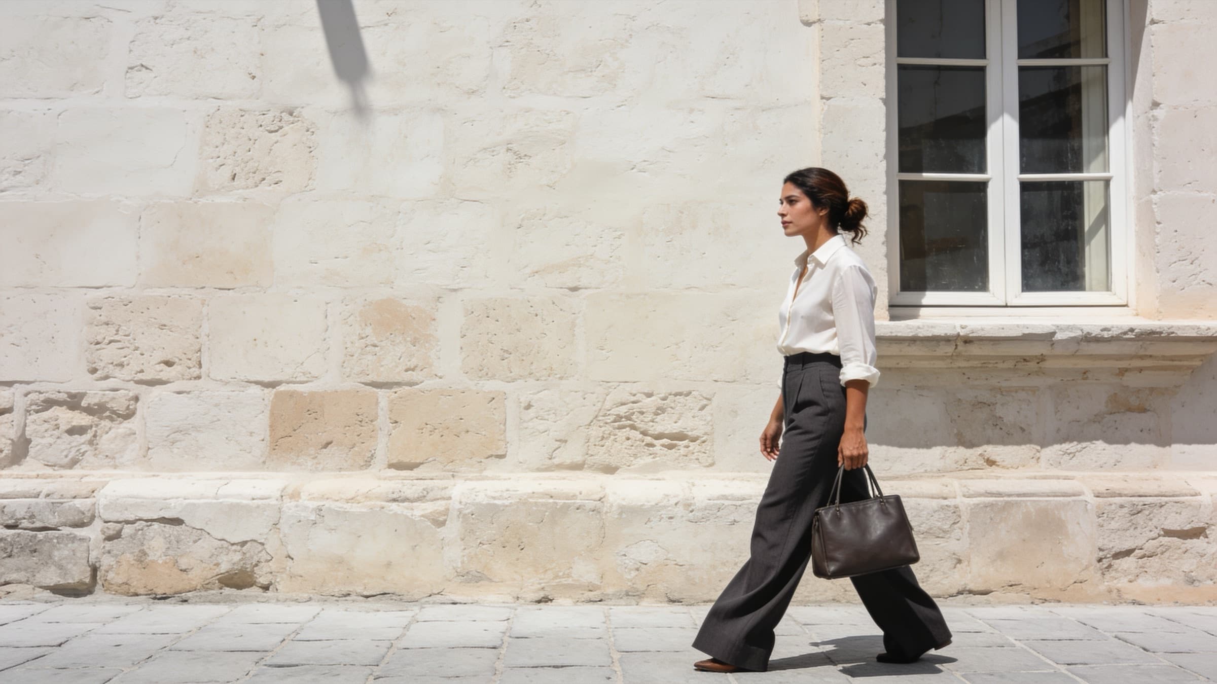 Mujer caminando por una calle de muros encalados con pantalón sastre charcoal, camisa ivory y bolso de piel