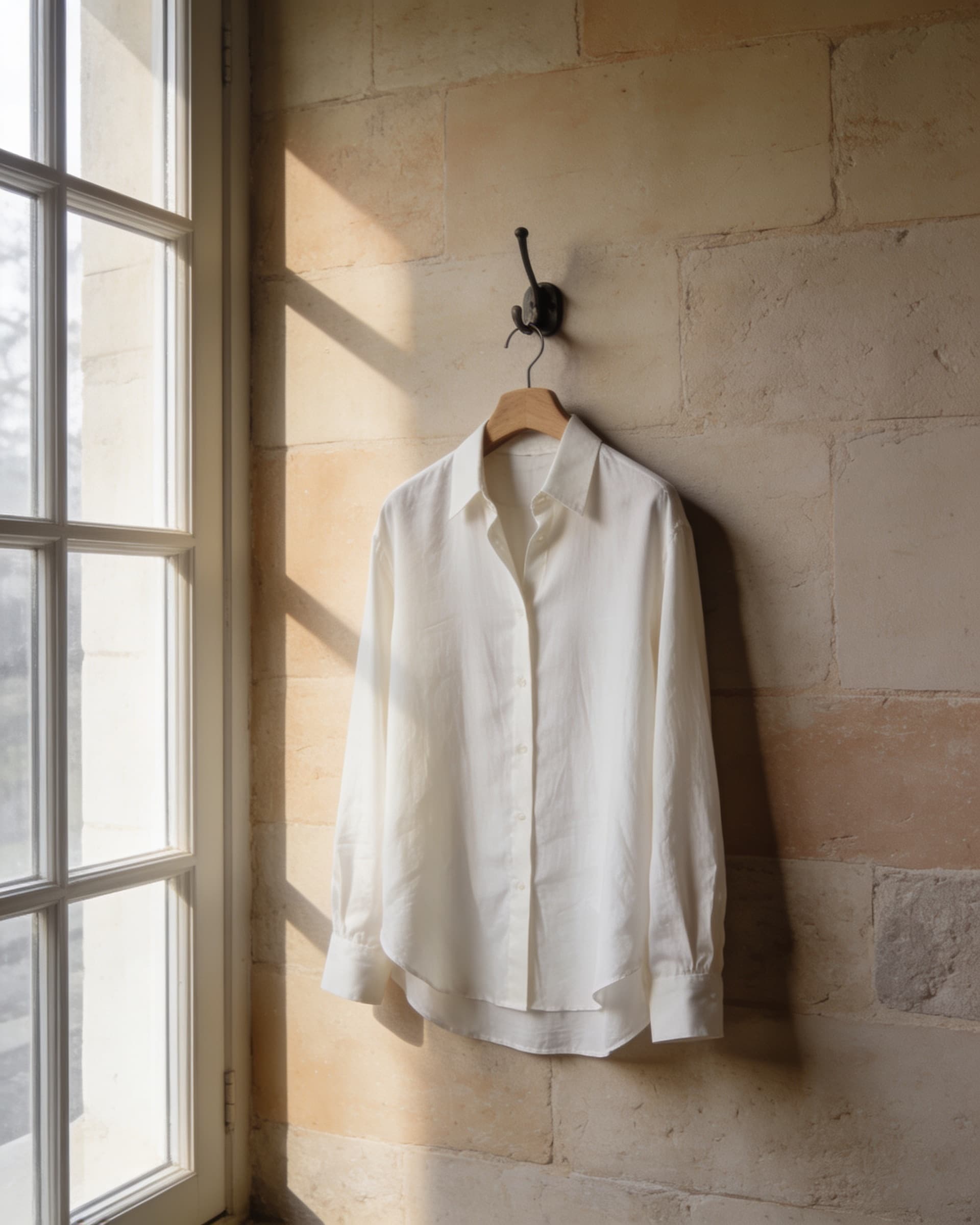Camisa de popelina ivory colgada en un gancho de madera frente a un muro de piedra