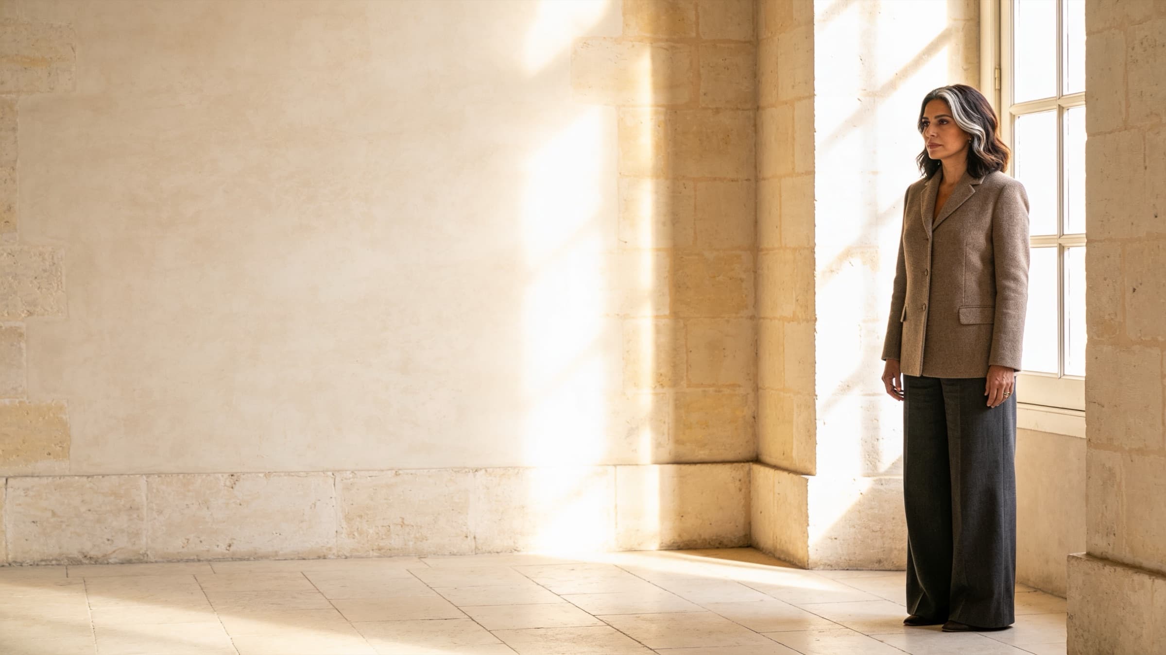 Mujer con blazer taupe y pantalón charcoal en una galería de piedra con luz de tarde