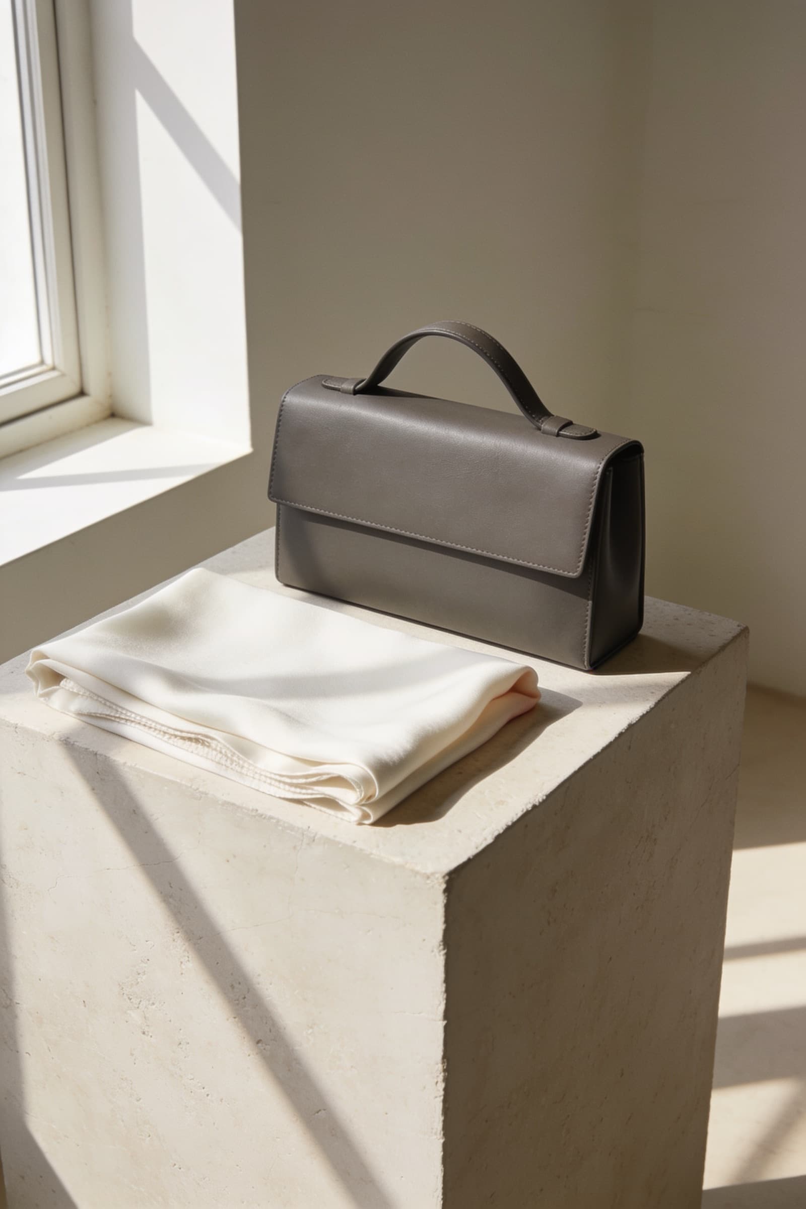 Bolso de piel charcoal y mascada de seda ivory sobre un bloque de piedra