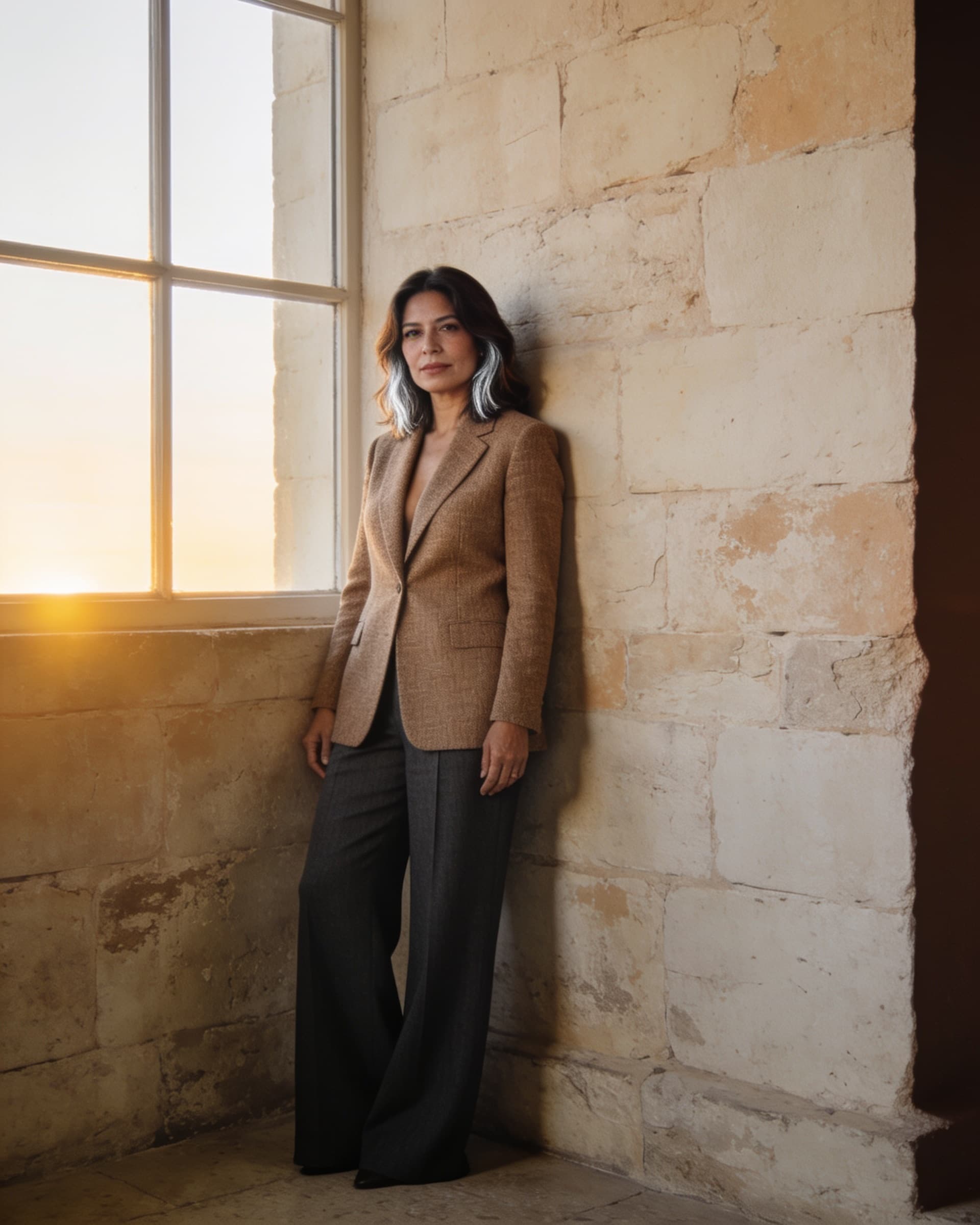 Mujer con blazer taupe y pantalón charcoal apoyada en un muro de piedra junto a una ventana al atardecer