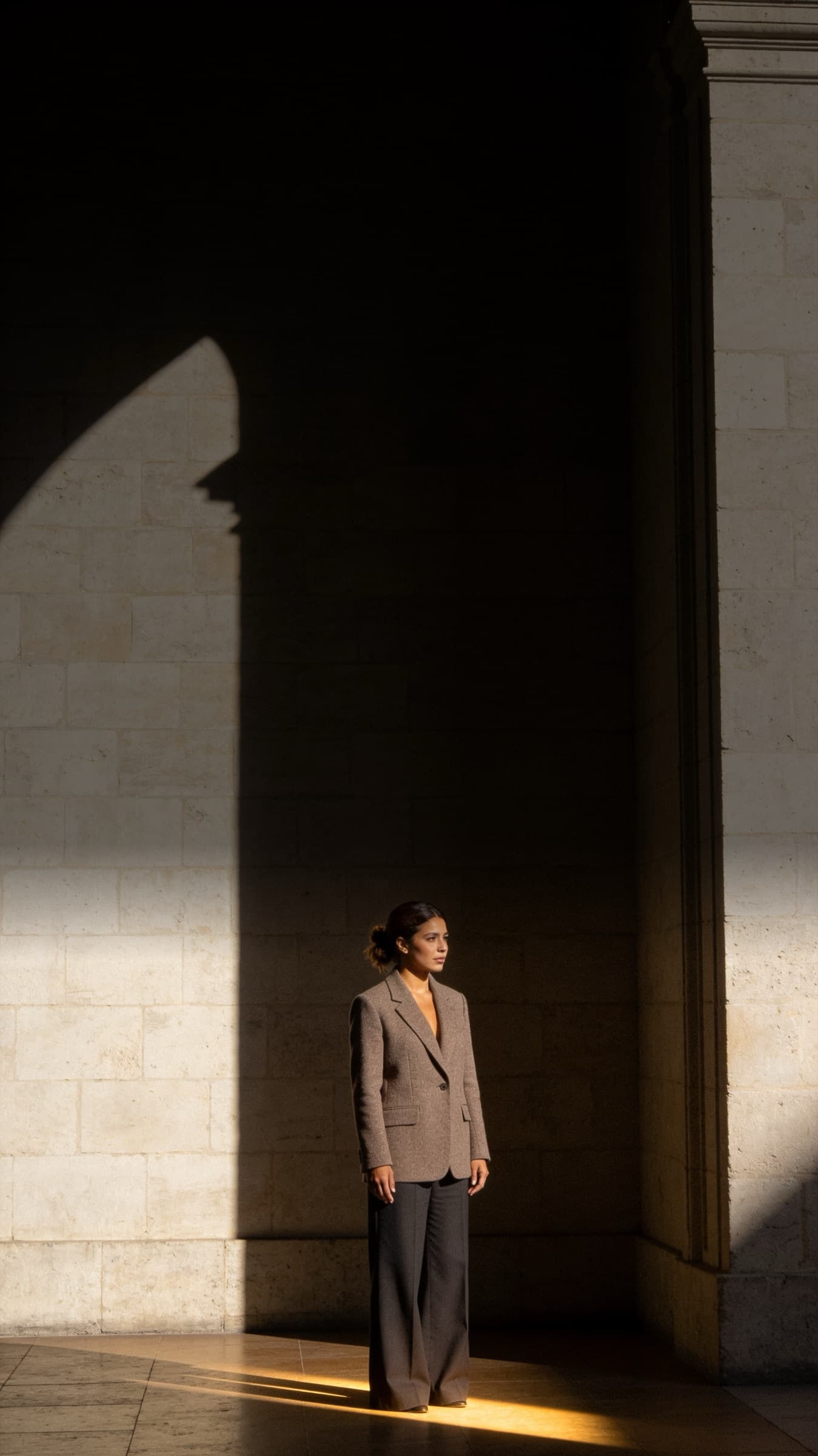 Mujer con blazer de lana taupe junto a un muro de piedra, luz natural de tarde