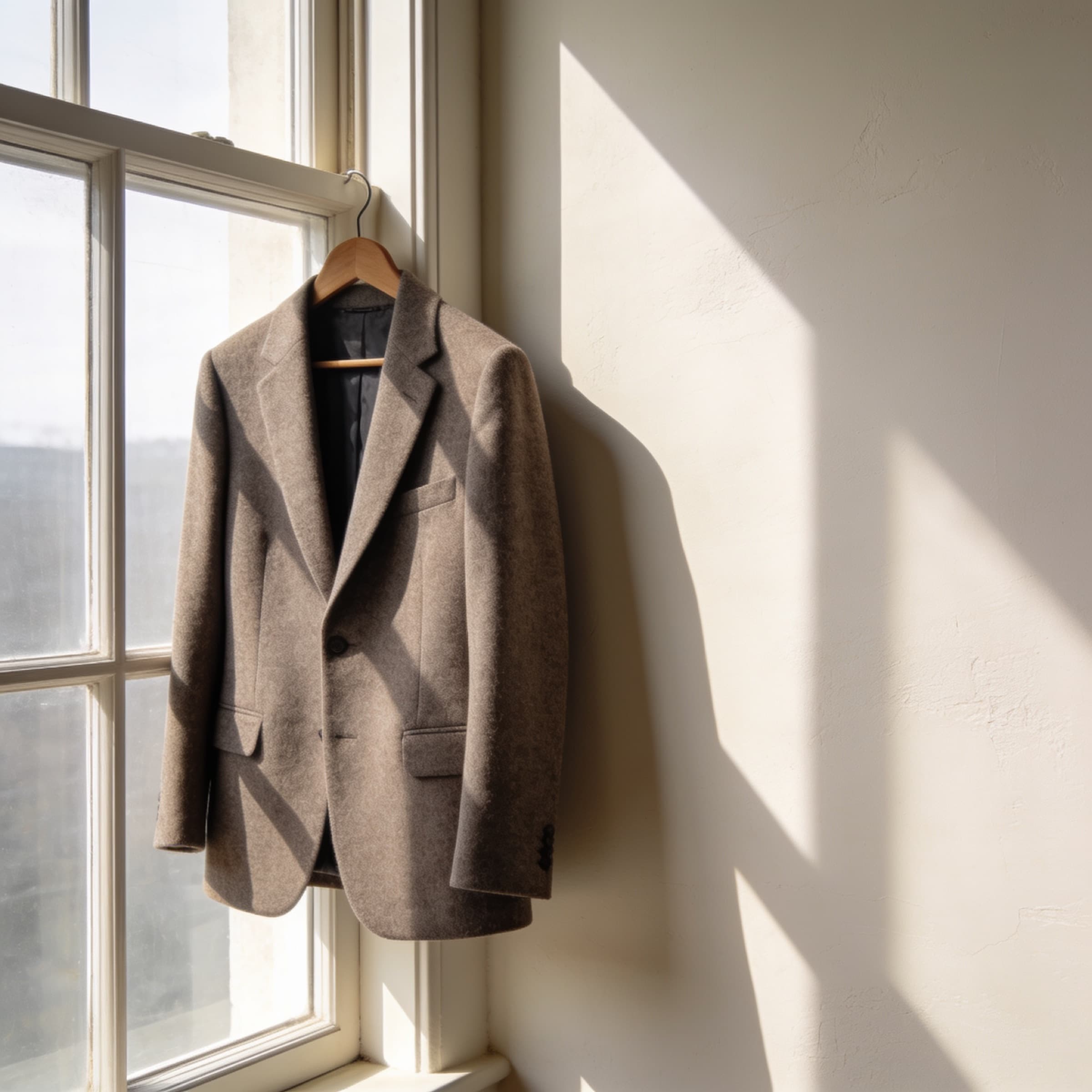 Blazer taupe colgado junto a una ventana con luz de tarde