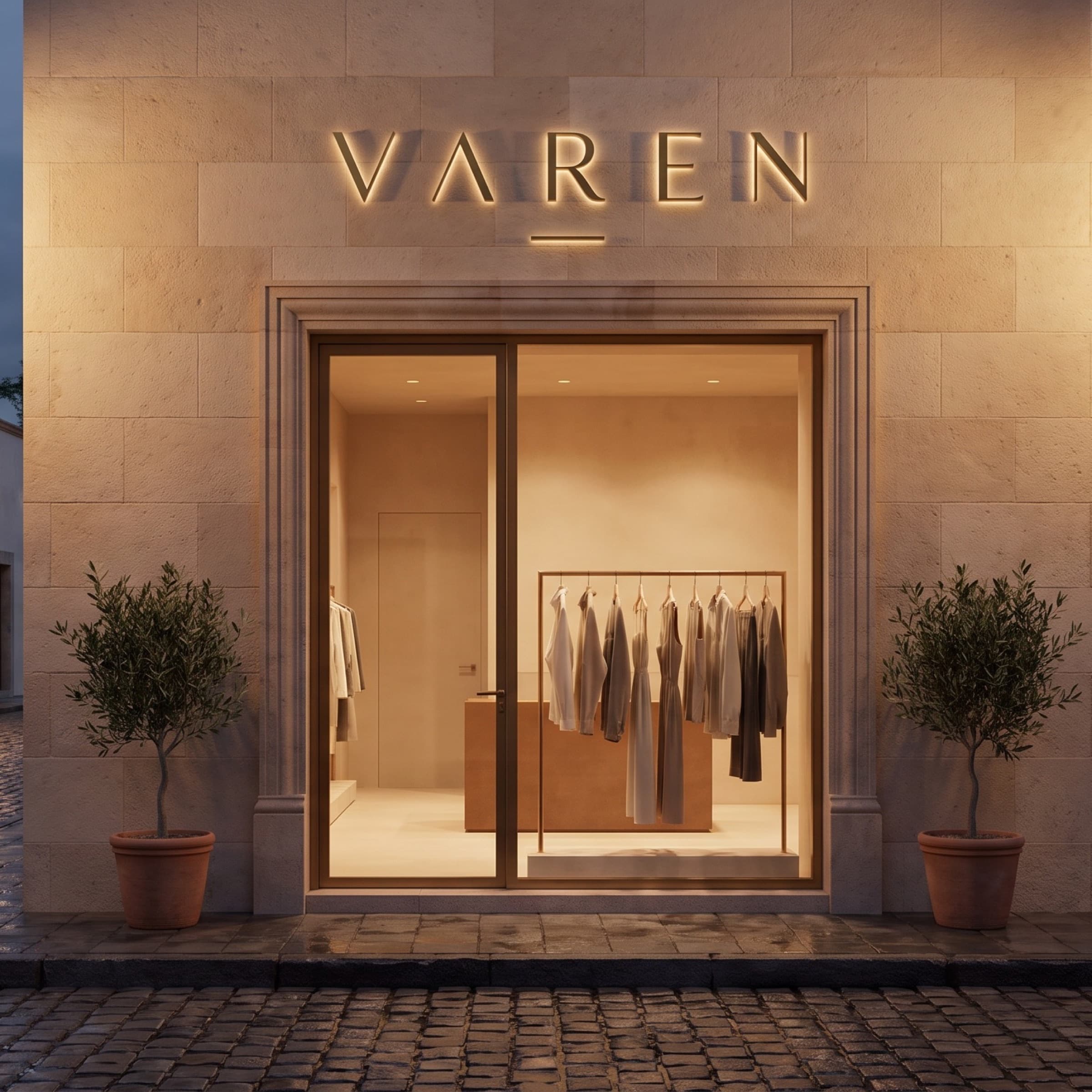 Fachada de cantera de la boutique VAREN al anochecer, con el letrero iluminado