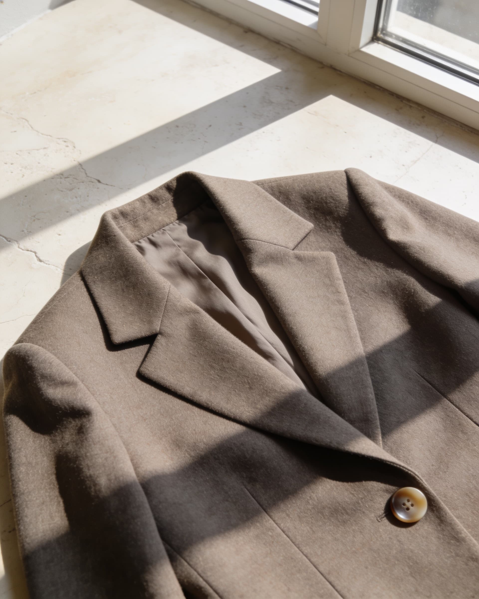 Detalle de la solapa y el botón de cuerno del blazer taupe sobre piedra