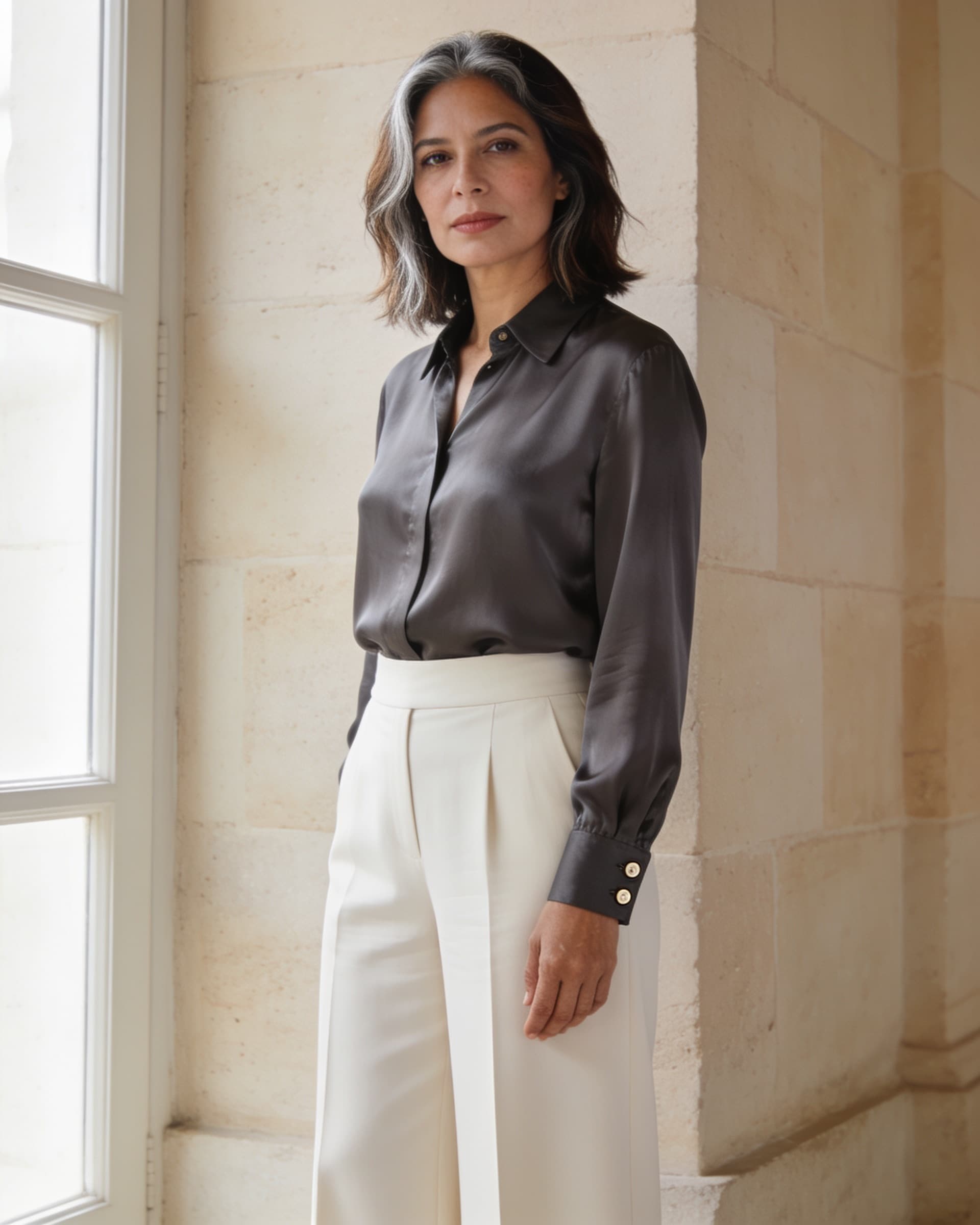 Mujer con blusa de seda charcoal de manga larga fajada en pantalón palazzo ivory