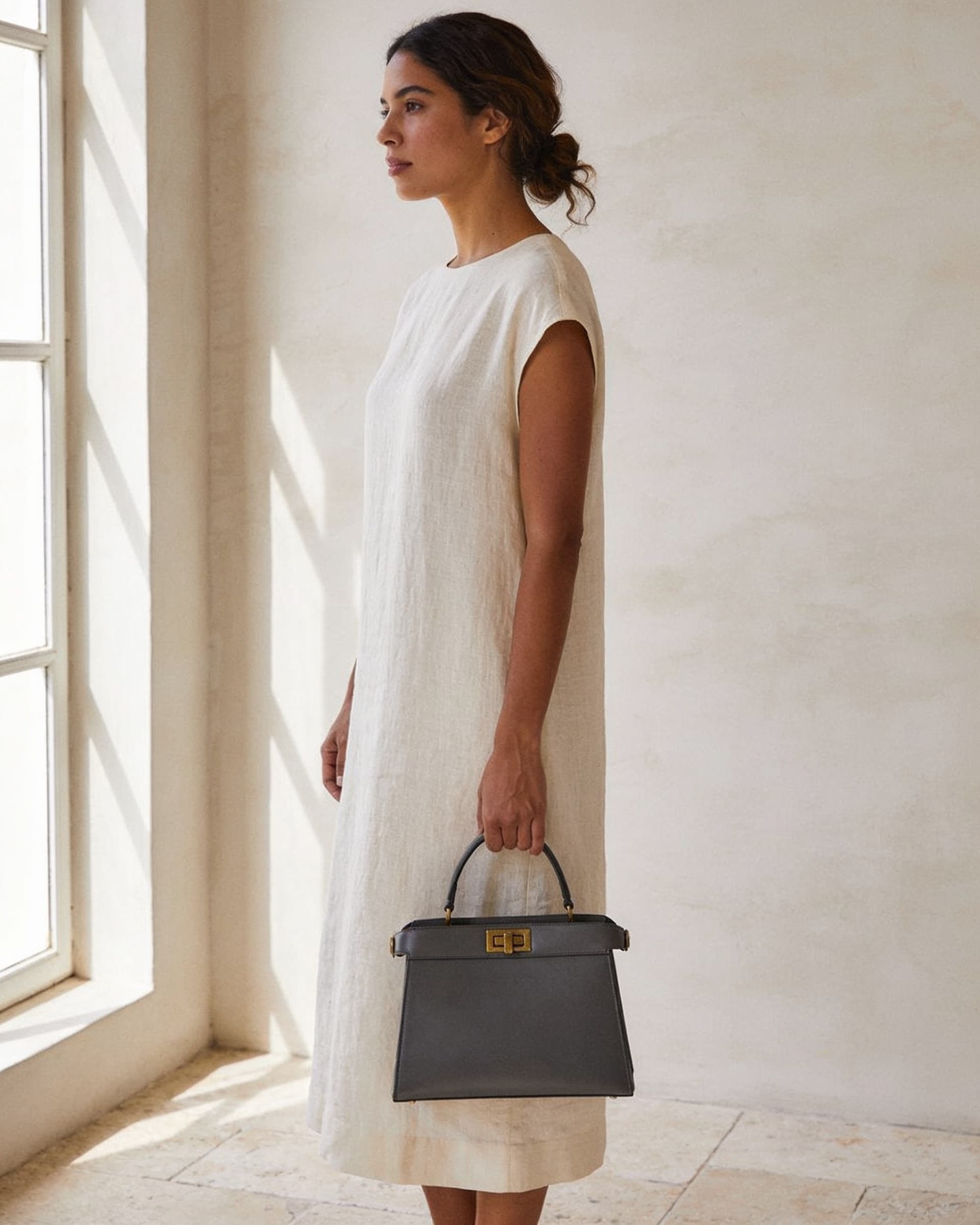 Mujer con vestido de lino ivory sosteniendo un bolso de piel charcoal por el asa