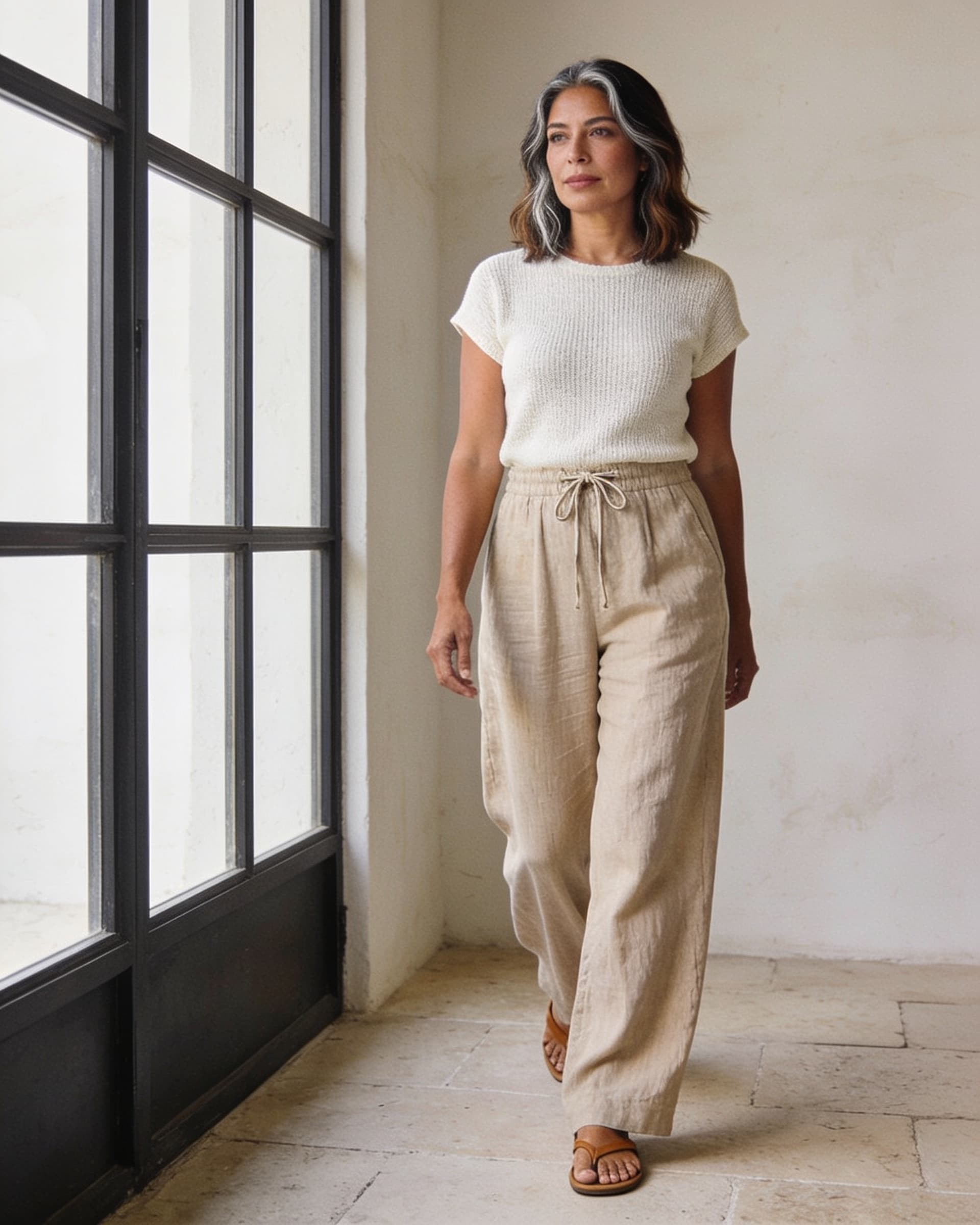 Mujer caminando con pantalón de lino arena de pierna recta y top de punto ivory
