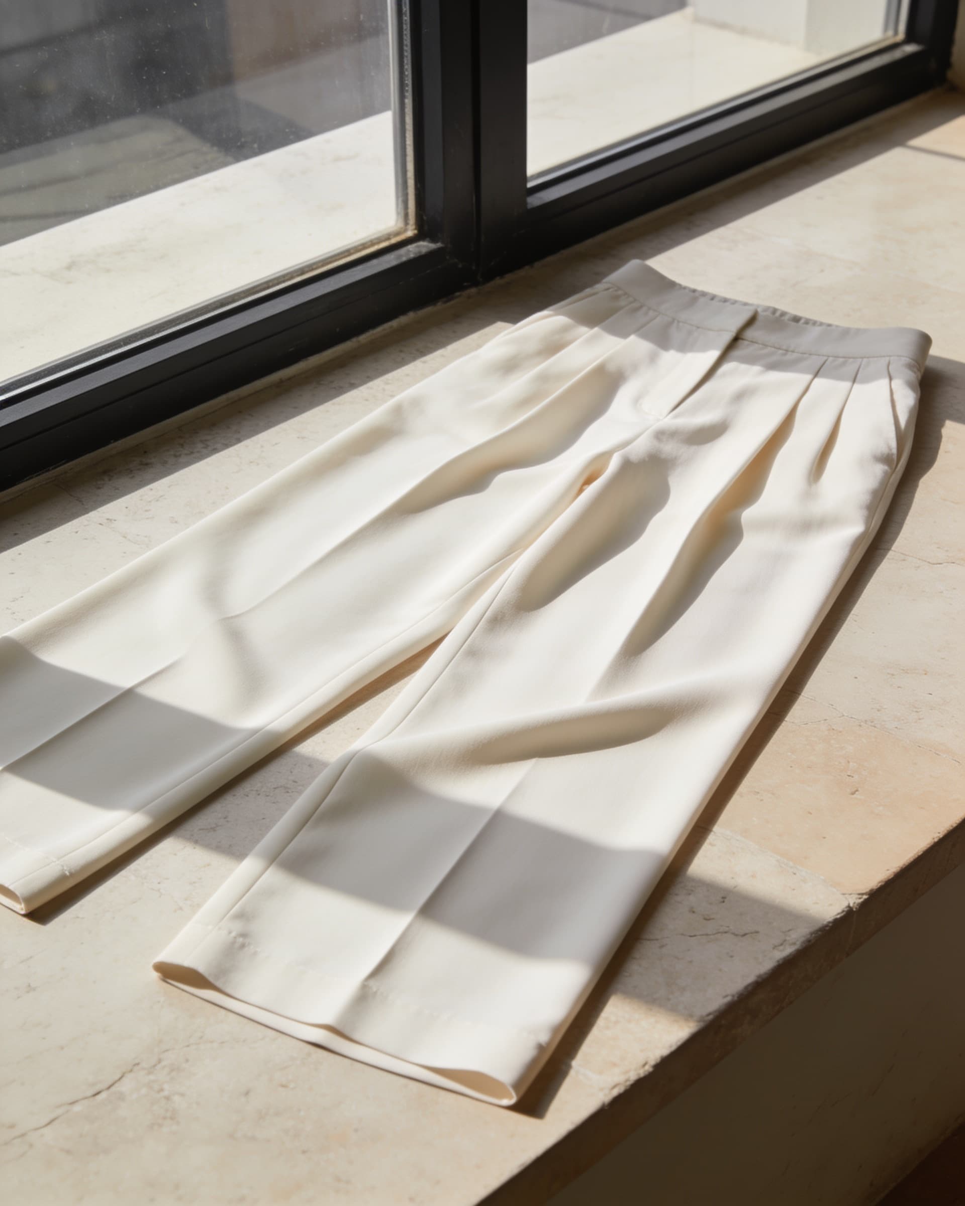 Pantalón palazzo ivory extendido sobre piedra, con la caída del crepé