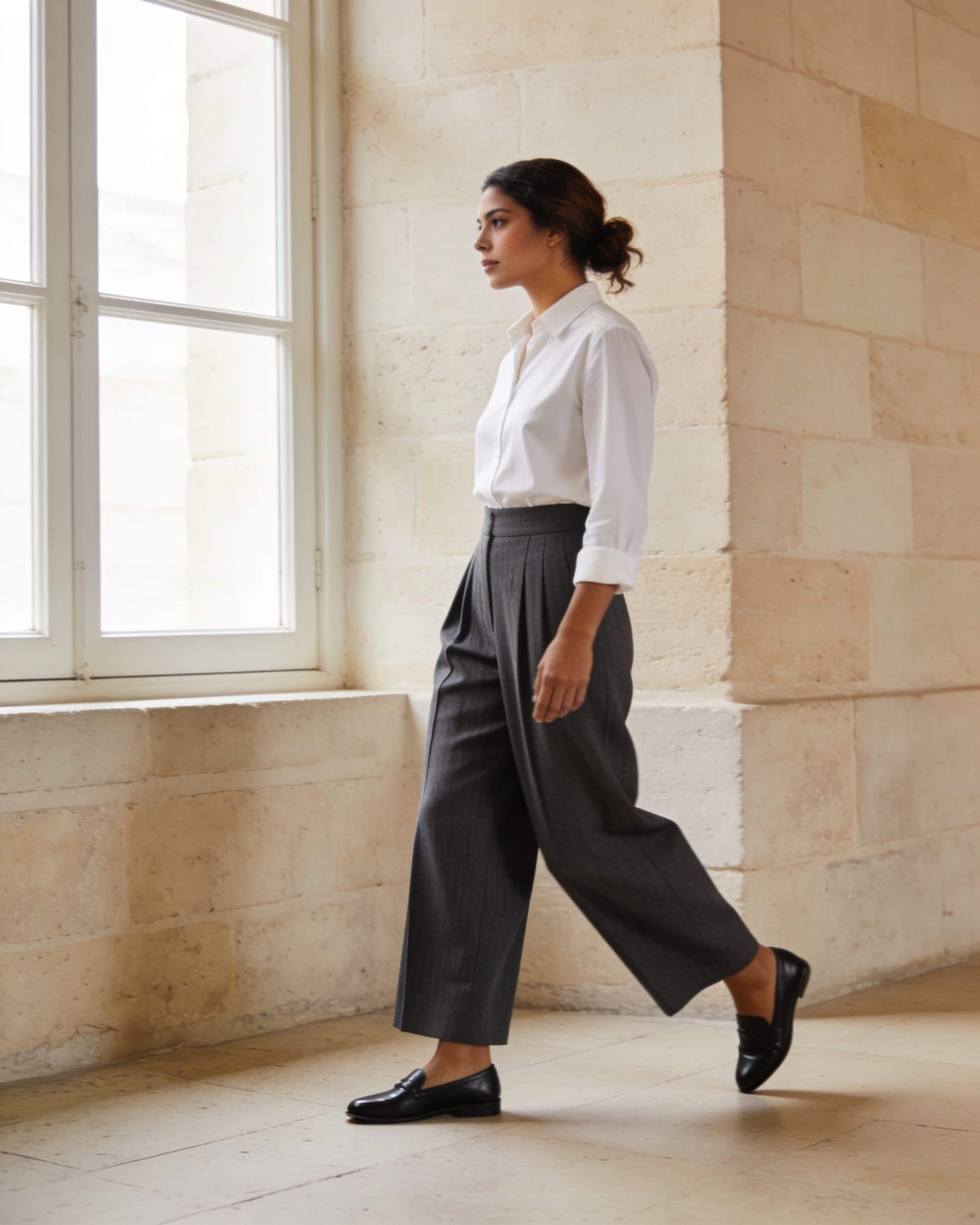 Mujer caminando de perfil con pantalón sastre charcoal de pierna amplia y camisa ivory