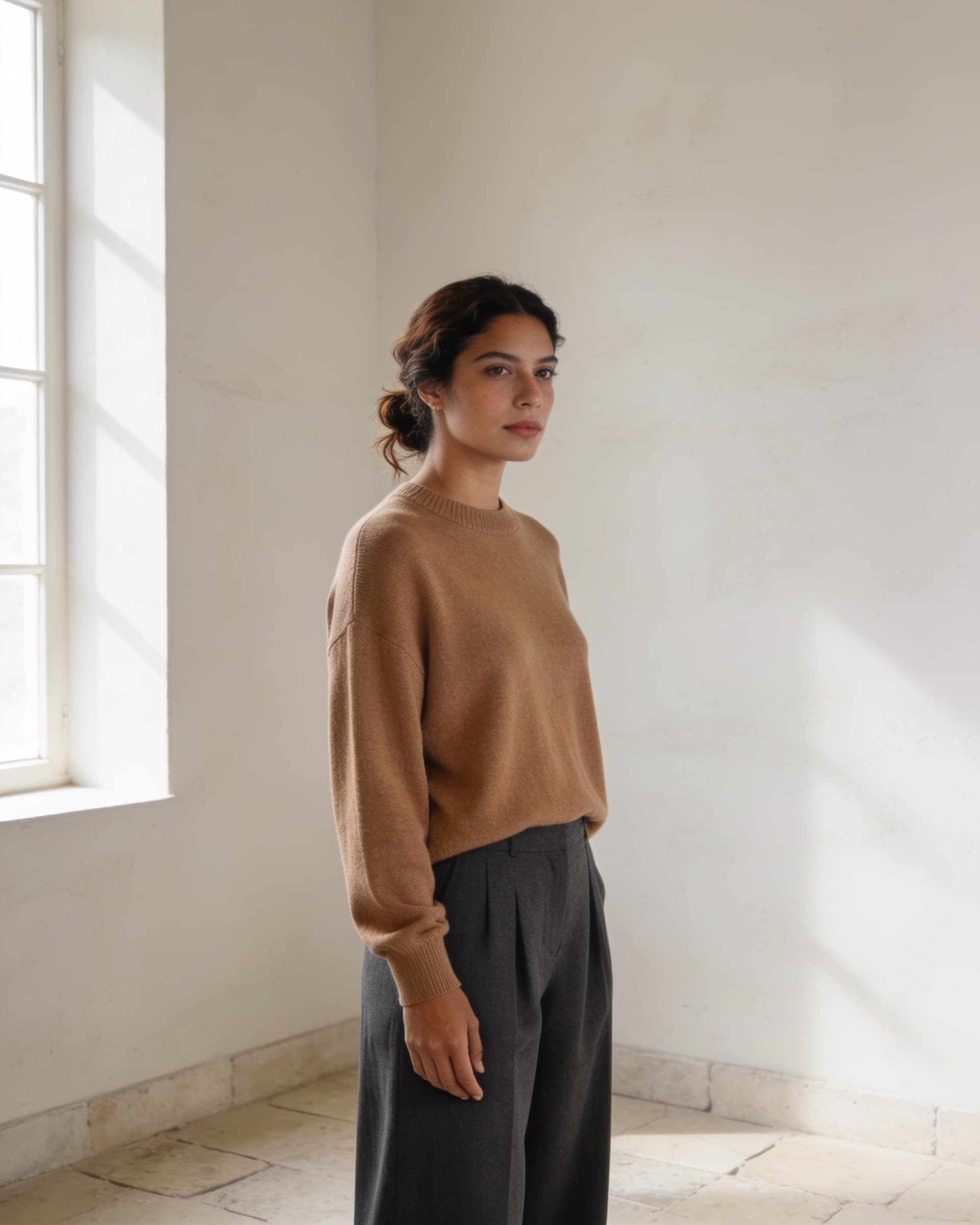 Mujer con suéter de merino camel de cuello redondo y pantalón charcoal