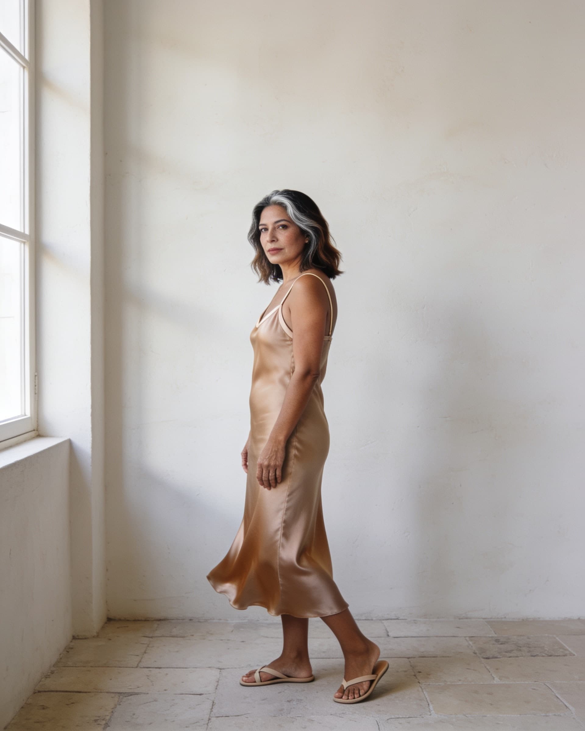 Mujer con vestido midi de seda arena con tirantes finos, girando levemente junto a una ventana